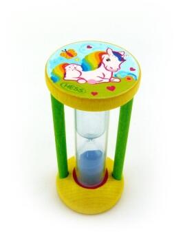 Zahnputzuhr – farbenfrohes Einhorn mit Bürstenhalter und Sanduhr – BxHxT 3,5 x 8 x 3,5 cm