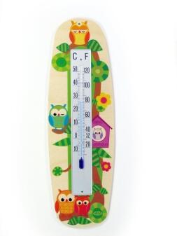 Holzthermometer – fröhliche Eulen mit tollen Farben gestaltet – BxHxT 8x25,5x1,5 cm