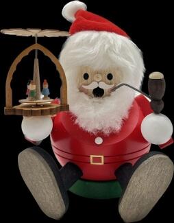 Räuchermann – fröhlicher Weihnachtsmann mit Pyramide auf Sockel, rot-bunt handbemalt aus Holz von