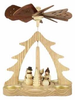 Tischpyramide – Winterkinder mit Schneemann in Naturfarben mit Teelichtantrieb – BxHxT ca. 18x22x18 