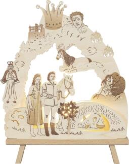 Lichterspitze aus Holz mit märchenhaften Figuren, Pferd und Krone, warmweiß beleuchtet von Saico