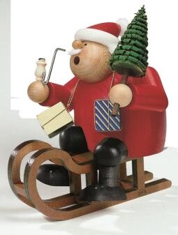 Räuchermann Weihnachtsmann mit Geschenken und Christbaum auf Schlitten von KWO Kunstgewerbe