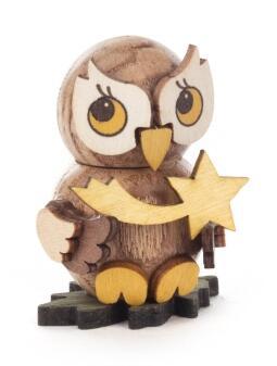 Miniaturfigur Eulenkind mit Stern zum Stellen aus Holz von Dregeno, liebevoll gestaltete Eule mit