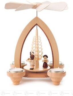 Pyramide – detailreiches Bläsertrio mit Instrumenten, handbemalt, rotierende Holzszene – für