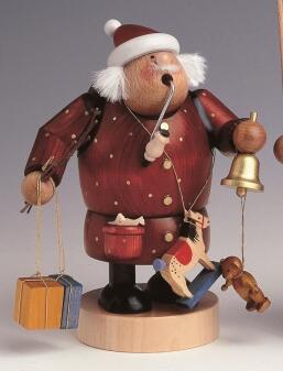 Räuchermann Weihnachtsmann aus Holz mit Glocke, Geschenkesack und Spielzeug, farbenfroh handbemalt