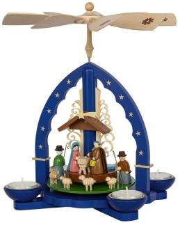 Weihnachtspyramide – detailreich gestaltet mit Christi Geburt und Tieren, in Blau – BxHxT = 21 x 27 