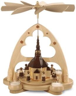 Tischpyramide – detailreiche Seiffener Kirche mit LED-Beleuchtung und Kurrende, naturfarben – BxHxT 