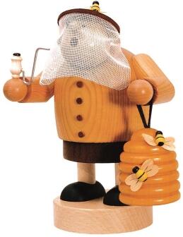 Räuchermann Imker aus dem Erzgebirge mit gelbem Oberteil, Bienenkorb und Pfeife von KWO