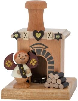Räucherkamin – filigraner Engel mit Holzstapel und bemaltem Torbogen – BxHxT 7,5 x 11 x 8,5 cm