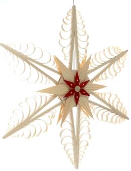 Fensterschmuck - filigraner Spanstern mit LED-Beleuchtung, rotem Kiefernholzstern, naturbelassenes