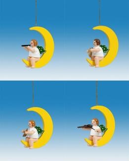 Christbaumschmuck Engel auf Mond mit Instrument und Krone 4 teilig Höhe 6cm