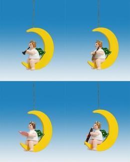 Christbaumschmuck Engel auf Mond mit Instrument 4 teilig ohne Krone Höhe 6cm