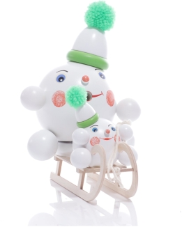 Räucherfigur - Räucherschneeball Grün mit Mini Schneeball auf Schlitten - BxHxT 18x18x13cm
