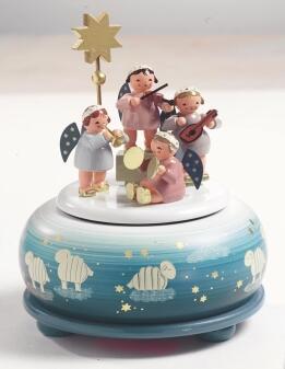 Spieluhr – detailreiches Himmelskonzert mit 4 Engeln und goldenem Stern, farbenfroh – spielt „Leise 