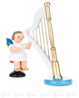 Engel mit Harfe sitzend, blaue Flügel Höhe ca 9,5 cm