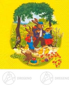 Servietten mit fröhlicher Hasenfamilie und bunten Ostereiern unter einem Baum, detailreiches