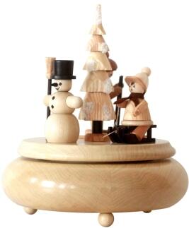 Spieluhr – detailreiche Winterfiguren auf Drehteller, naturfarben – spielt Weihnachtsmelodie – BxHxT