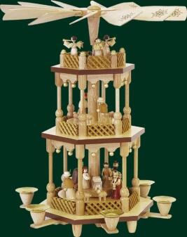 Tischpyramide – detailreiche Darstellung Christi Geburt mit Schäfer und Engel aus naturbelassenem