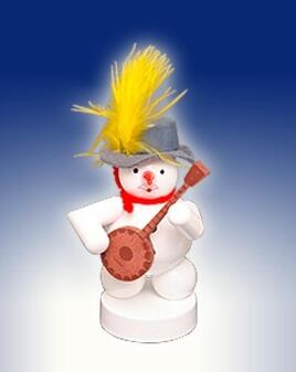 Holzfigur – detailreicher Schneemann mit Banjo und rotem Hut, liebevoll handbemalt, farbenfroh – H =