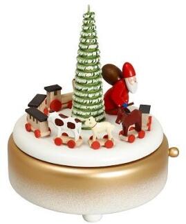 Spieluhr – detailreicher Weihnachtsmann mit Zug und funkelndem Baum, bunt bemalt – spielt „Leise