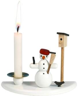 Kerzenhalter mit Schneemann mit Pfanne und Vogelhaus Höhe ca. 6,5cm