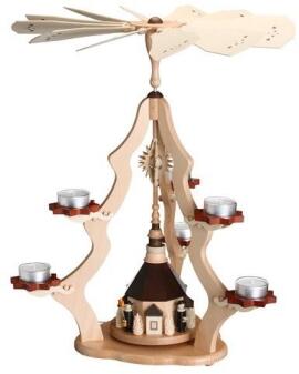 Weihnachtsdekoration - naturbelassene Tischpyramide Kurrende mit Seiffener Kirche und Teelichter -