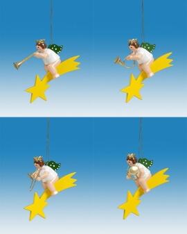 Christbaumschmuck Engel auf Sternschnuppe mit Instrument und Krone 4 teilig Höhe 6cm