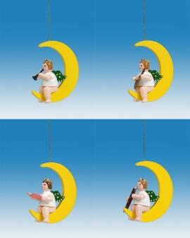 Christbaumschmuck Engel auf Mond mit Instrument und Krone 4 teilig Höhe 6cm