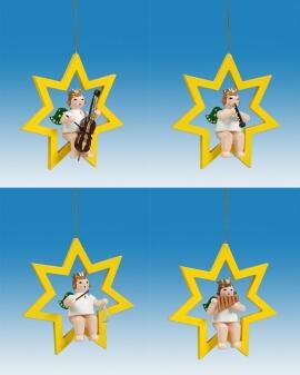 Christbaumschmuck Engel auf Stern mit Instrument und Krone 4 teilig Höhe 6cm