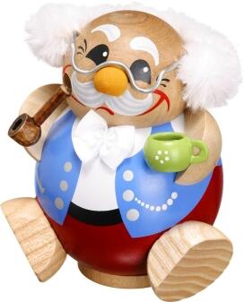 Räuchermann – detailreicher Pensionär mit Kaffeetasse, bunt bemalt – BxHxT = 9 x 10 x 8 cm