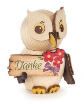 Miniaturfigur Mini-Eule mit Schild Danke 5 cm aus Holz von Großhandel Dregeno, naturfarbene Eule mit