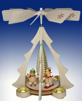 Teelichtpyramide – fröhliche Schneemänner auf Ski und Snowboard, naturfarben und detailreich – BxHxT