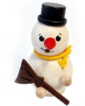 Räuchermann – liebevoller Schneemann mit schwarzem Zylinder, gelbem Schal und Besen, winterlich
