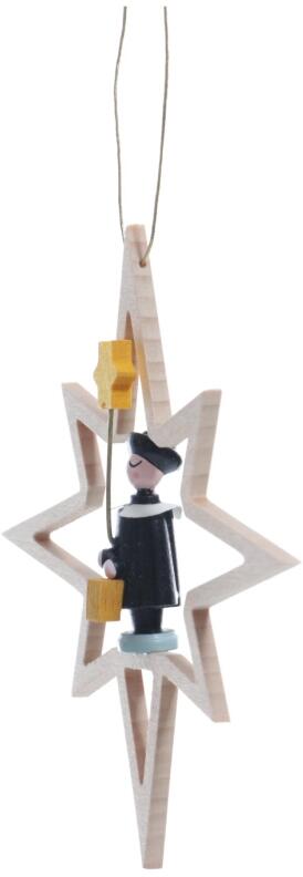 Christbaumschmuck - Holzstern mit Kurrendesänger und Stern - Ansicht Links - Fadenlänge ca 7cm