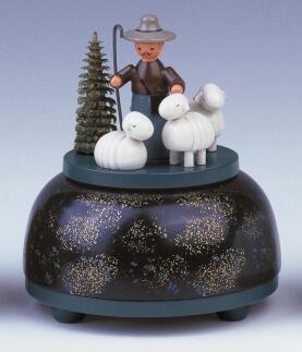 Spieluhr – farbenfroher Schäfer mit Schafen und grünem Bäumchen, detailreich – spielt „Weißt du,