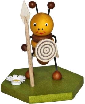 Miniaturfigur fröhliche Wächter-Biene mit Schild und Speer aus Holz von Volker Zenker Erzgebirgische