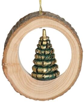 Christbaumschmuck – Ringelbäumchen grün/gold im Holzrahmen – Ø ca. 4 cm
