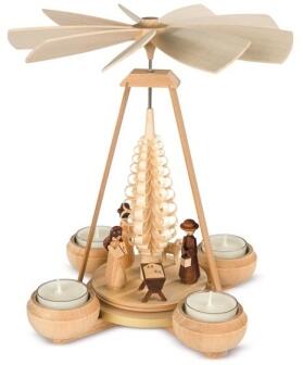 Teelichtpyramide – mit Figuren der Christi Geburt mit Schäfer und Spanbaum naturbelassen – BxHxT 17 