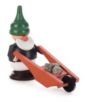 Miniaturfigur Zwerg mit grüner Schubkarre und Steinen, detailreich bemalte Holzfigur von