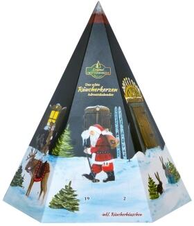Adventskalender – pyramidenförmig mit dekorativem Metall-Räucherhaus und duftenden Räucherkerzen –