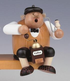 Räuchermann – detailreicher Kantenhocker mit Kaffeemühle und brauner Mütze, handbemalt – BxHxT = 18 