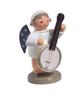Miniaturfigur Engel mit Banjo im weißen Kleid und blauen Flügeln aus Holz von KWO Olbernhau aus dem