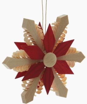 Christbaumschmuck – filigraner Spanstern mit roten Holzsegmenten, naturbelassenes Lindenholz - BxHxT