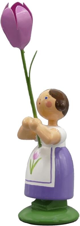 Blumenmädchen – liebevoll gestaltete Figur im lila Kleid mit weißer Schürze und rosa Tulpe – Höhe 12