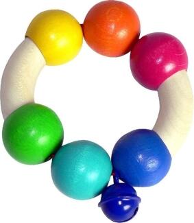 Babyspielzeug – farbenfrohe Rassel mit Glöckchen und Regenbogen-Kugeln – BxHxT 10 x 8 x 3 cm