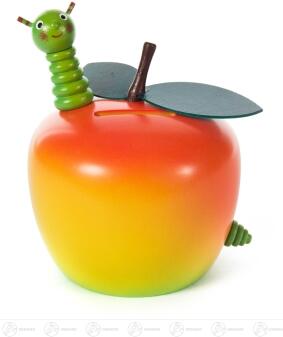 Spardose Apfel mit Wurm aus Holz von Großhandel Dregeno, ca 9,5 cm, farbenfroher Apfel mit grünem
