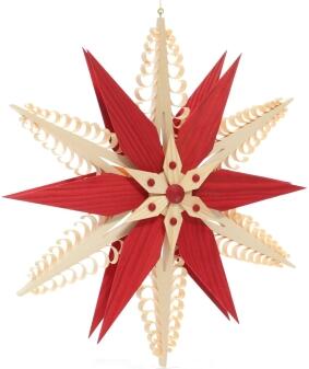 Fensterschmuck – Filigraner, handgefertigter Spanstern mit roten Kiefernholzsternen - BxHxT
