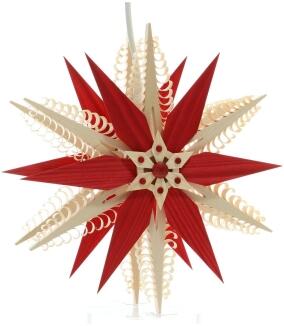 Fensterschmuck - filigraner Spanstern mit elektrischer Beleuchtung, roten Kiefernholzsegmenten,