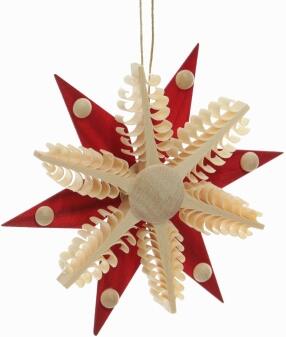 Christbaumschmuck – filigraner Spanstern mit roten Kiefernholzsegmenten, traditionelles Naturholz - 