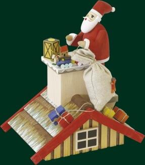 Räuchermann Weihnachtsmann auf rotem Dach mit Geschenkesack, detailreiche Holzfigur aus dem